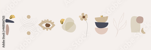 Boho abstract shapes and florals, celestial elements, delicate and art minimal geometrics