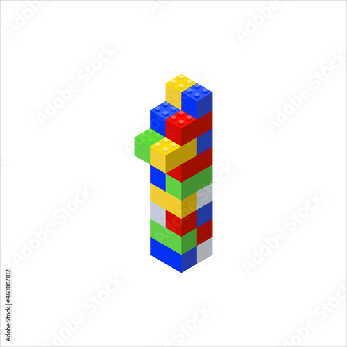 Isometric letter 1 assembled from plastic blocks. Vector illustration.