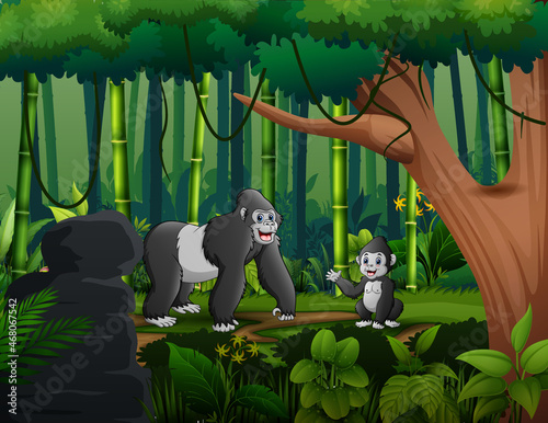 Cartoon a gorilla with her cub  living in the jungle