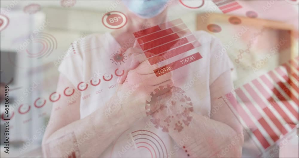 Animation of covid 19 cells and statistics over senior woman in face mask washing hands