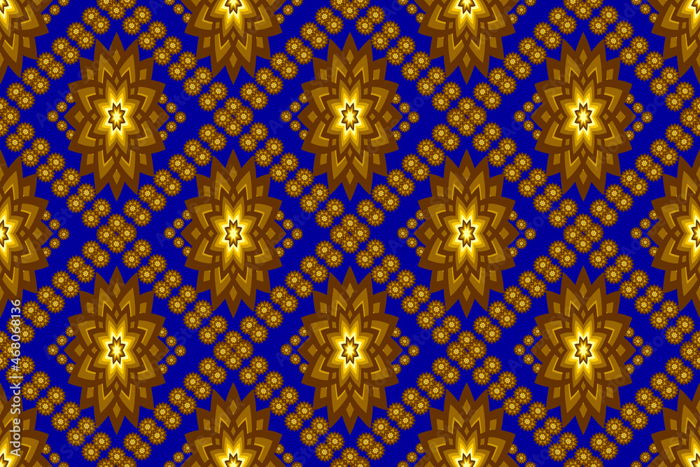 Seamless geometric ethnic fabric pattern, golden flower pattern, Thai fabric pattern design, carpet, wallpaper, curtain, cushion, clothing, wrap, batik, blue background fabric pattern