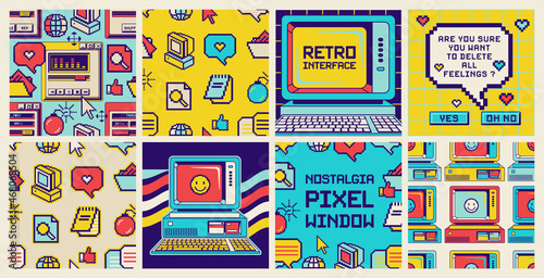 Old computer aesthetic pixel window 1980s -1990s style.Square frames and seamless backgrounds set. Sticker pack of retro computer elements. Cool retrowave user interface and desktop illustration. photo