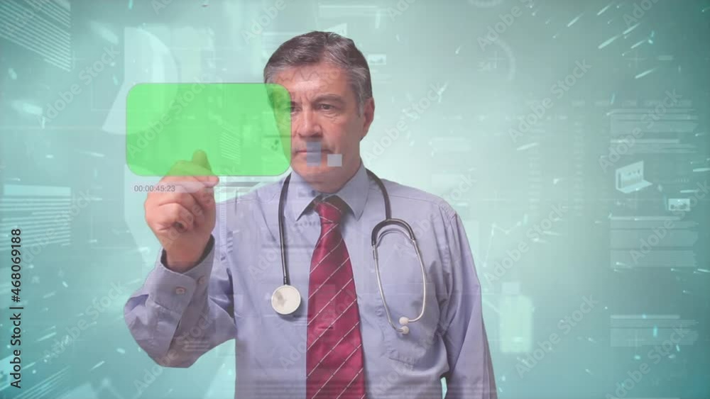 Animation of male doctor using touchscreen interface with greenscreen and data processing Animation of male doctor using touchscreen interface with greenscreen and data processing