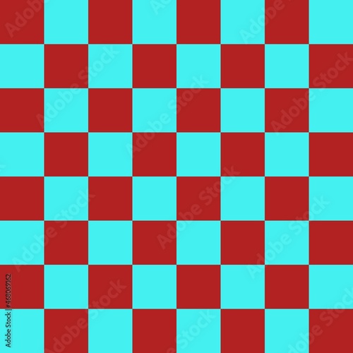 Checkerboard 8 by 8. Cyan and Fire brick colors of checkerboard. Chessboard, checkerboard texture. Squares pattern. Background.