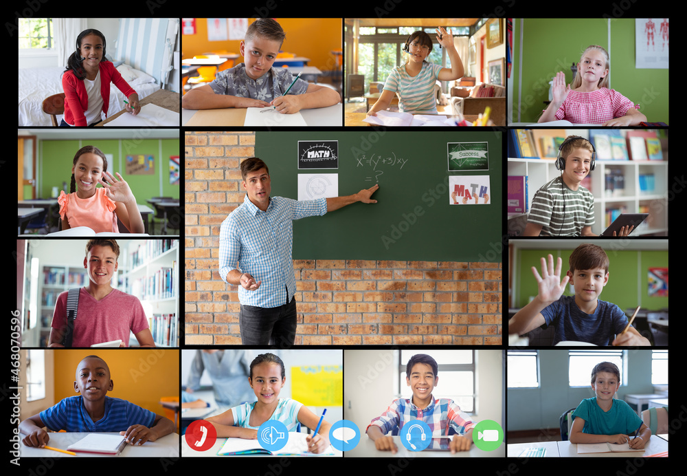 Video call interface with caucasian male teacher and schoolchildren on screen