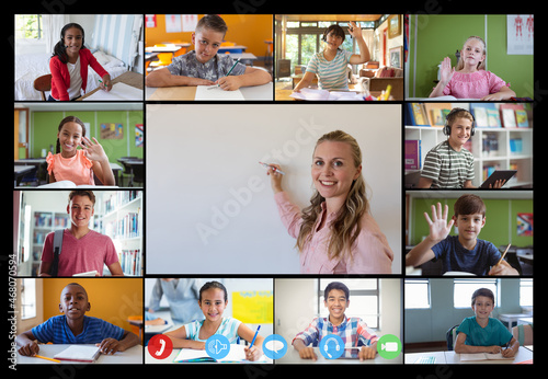Video call interface with caucasian female teacher and schoolchildren on screen