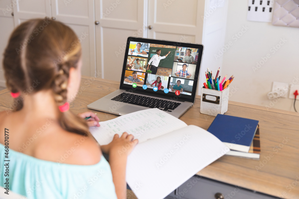 Caucasian girl using laptop for video call, with smiling diverse high school pupils on screen Caucasian girl using laptop for video call, with smiling diverse high school pupils on screen