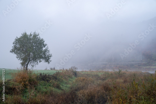The view of the early autumn morning when the water fog rises