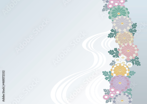 菊の花と流水文様の和風背景素材