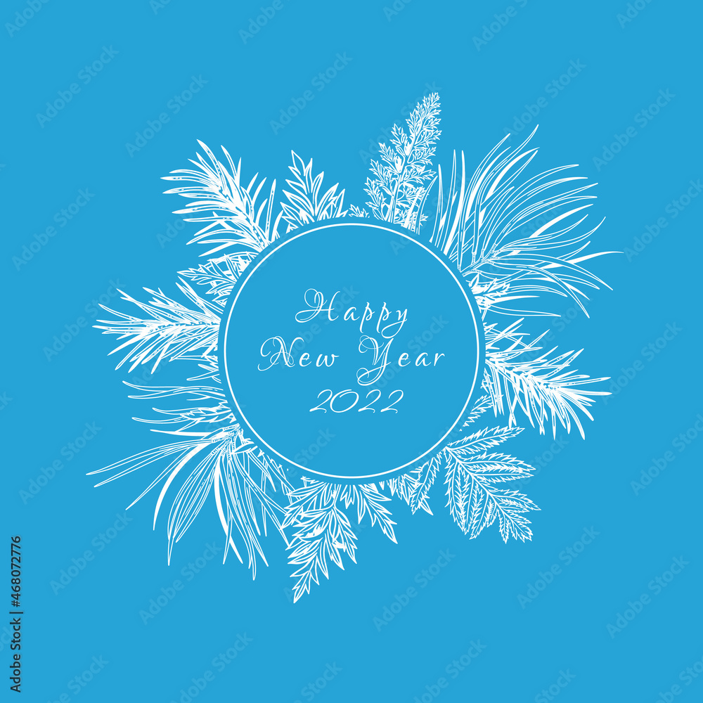 Obraz premium New year round frame with fir and pine branches, fern and leaves. Botanical illustrations. Vector holiday card. Engraving style.Skyblue and White background.