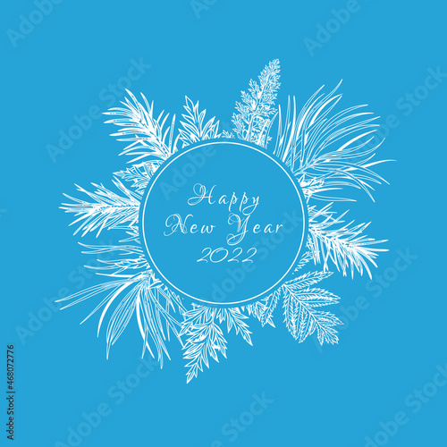 New year round frame with fir and pine branches, fern and leaves. Botanical illustrations. Vector holiday card. Engraving style.Skyblue and White background.