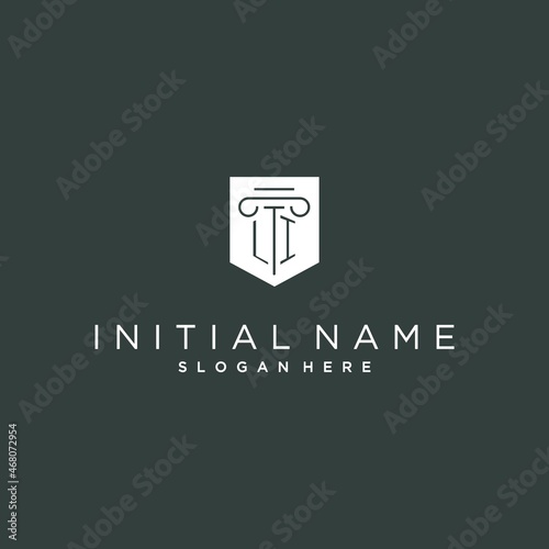 LI monogram with pillar and shield logo design, luxury and elegant logo for legal firm