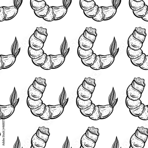 Fresh shrimps seamless vector pattern. Hand-drawn illustration. Peeled seafood delicacies. Prawn engraving. Sketch of crustaceans. Monochrome background for decoration, menu design, cafe, bar