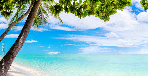 Tropical island landscape, white sand beach, turquoise sea water, ocean waves, green palm tree leaves, blue sunny sky clouds, exotic nature, summer holidays, vacation, travel, luxury resort relaxation