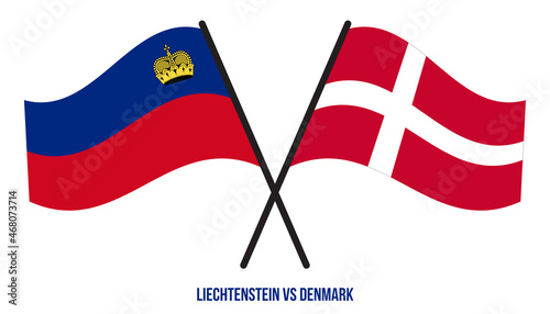 Liechtenstein and Denmark Flags Crossed And Waving Flat Style. Official Proportion. Correct Colors.
