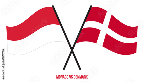 Monaco and Denmark Flags Crossed And Waving Flat Style. Official Proportion. Correct Colors.