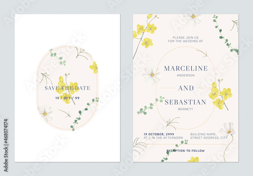 Floral wedding invitation card template design, golden shower and cosmos flowers on brown