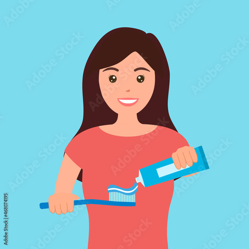 Woman brushing teeth in the bathroom in flat design. Female cleaning teeth to prevent tooth decay. Dental hygiene with toothbrush and toothpaste.