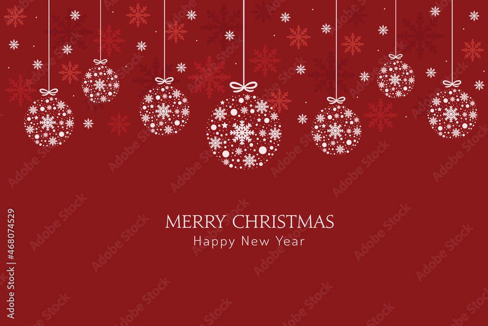 Red Christmas background with balls hanging decorations. Vector design of winter holidays. Merry Christmas and Happy New Year greeting card. Red Christmas background with balls hanging decorations. Vector design of winter holidays. Merry Christmas and Happy New Year greeting card.
