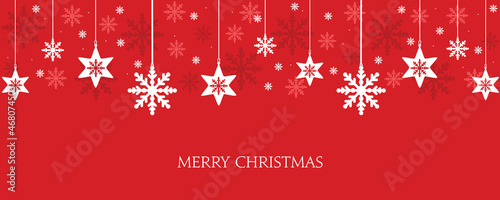 Red christmas banner with snowflakes hanging. Vector design of winter holidays background. Merry Christmas greeting card.