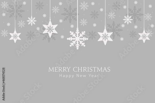 Grey Christmas background with snowflakes hanging decorations. Vector design of winter holidays. Merry Christmas and Happy New Year greeting card.