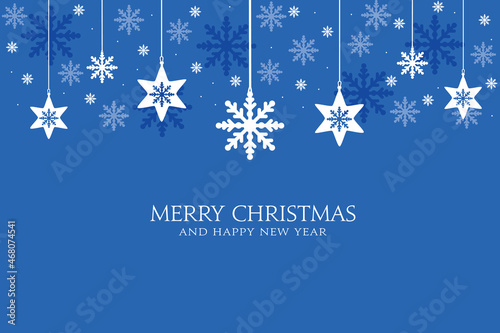 Merry Christmas background, design of xmas with snowflakes hanging on blue christmas card.