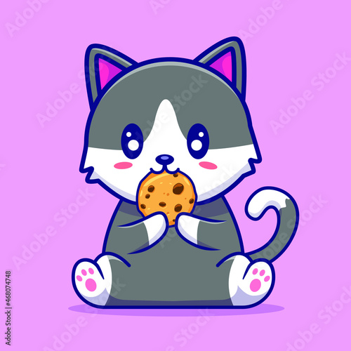 cute cat cartoon illustration eating cookie