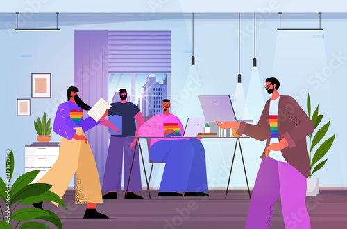 businesspeople working together in office lgbt rainbow flags gay lesbian transgender love concept