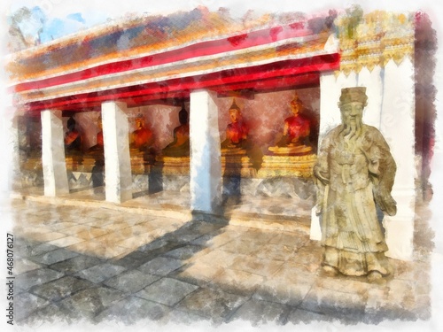 Ancient architecture of Thailand watercolor style illustration impressionist painting.