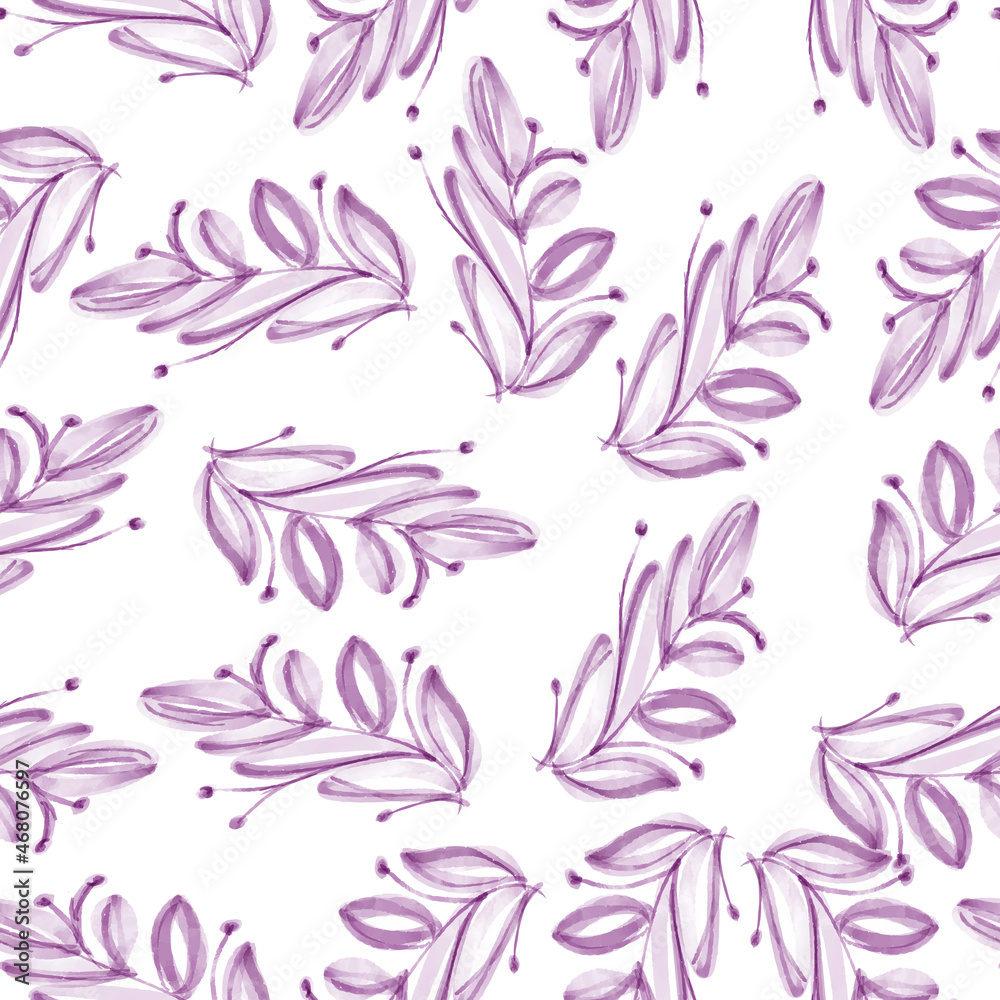 Purple watercolor leaf seamless pattern isolated on white background design Purple watercolor leaf seamless pattern isolated on white background design