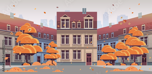 autumn city street with modern houses exterior urban buildings facade horizontal