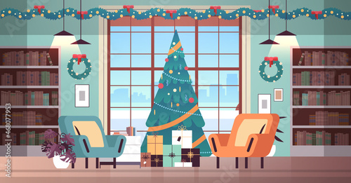 cozy new year holiday decorated living room interior with christmas tree and gifts horizontal
