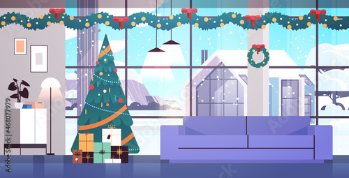cozy new year holiday decorated living room interior with christmas tree and gifts horizontal