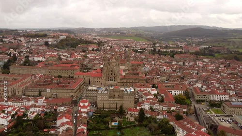 Aerial view of the city main square cathedral of Santiago de Compostela World Heritage Site in Galicia, Spain