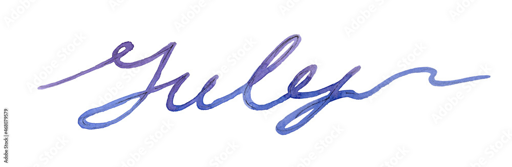 Watercolor continuous blue and violet one line drawing lettering summer month July on white background Watercolor continuous blue and violet one line drawing lettering summer month July on white background
