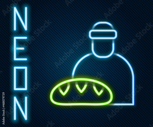 Glowing neon line Feeding the homeless icon isolated on black background. Help and support. Giving food to the hungry concept. Colorful outline concept. Vector