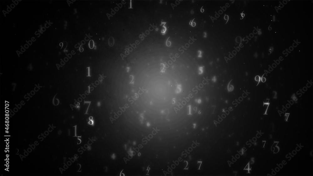 暗い背景に舞い散る無数の数字のパーティクル 黒い背景 白いたくさんの数字 Stock Illustration Adobe Stock