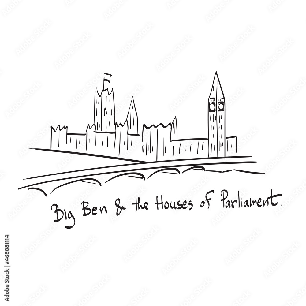 Big Ben and the Houses of Parliament with bridge and Thames river illustration vector isolated on white background line art.