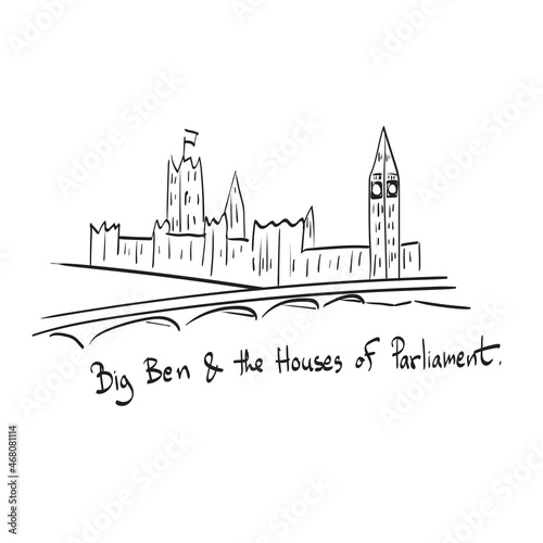 Big Ben and the Houses of Parliament with bridge and Thames river illustration vector isolated on white background line art.