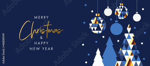 Merry Christmas and Happy New Year banner, greeting card, poster, holiday cover, header. Modern Xmas design in geometric style with triangle pattern, Christmas tree, ball, snow on night sky background