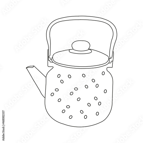 Black hand drawing illustration of a metal kettle with hot water for tea or coffee isolated on a white background