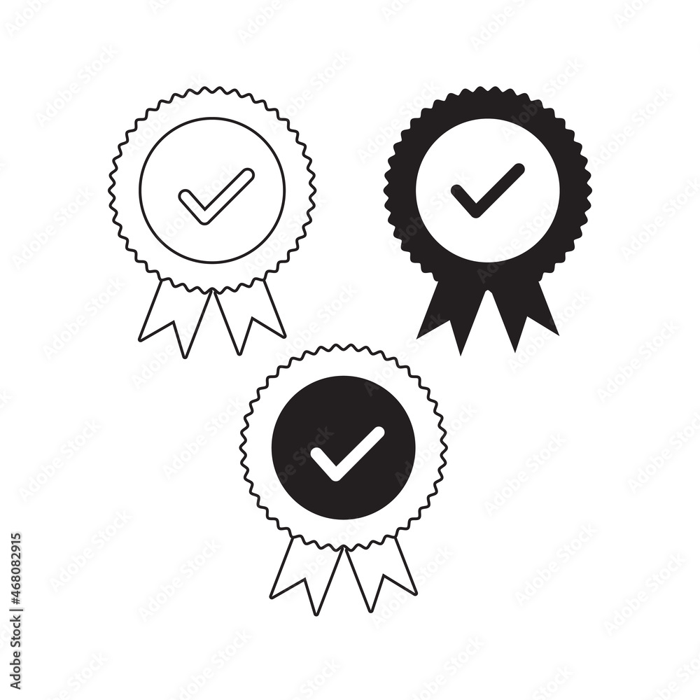 Set approval check icon isolated, approved or verified medal icon. certified badge symbol, quality sign
