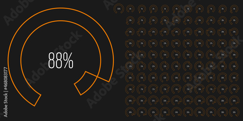 Set of circular sector arc percentage diagrams meters from 0 to 100 ready-to-use for web design, user interface UI or infographic - indicator with orange