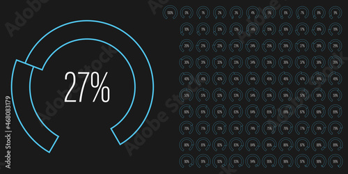 Set of circular sector arc percentage diagrams meters from 0 to 100 ready-to-use for web design, user interface UI or infographic - indicator with blue