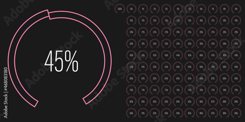 Set of circular sector arc percentage diagrams meters from 0 to 100 ready-to-use for web design, user interface UI or infographic - indicator with pink