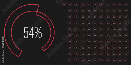 Set of circular sector arc percentage diagrams meters from 0 to 100 ready-to-use for web design, user interface UI or infographic - indicator with red