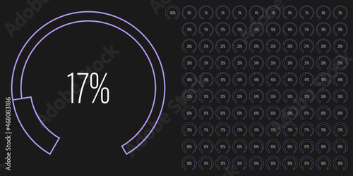 Set of circular sector arc percentage diagrams meters from 0 to 100 ready-to-use for web design, user interface UI or infographic - indicator with purple