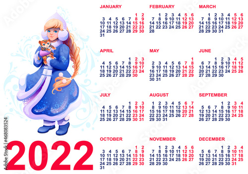 Russian girl snow maiden holding tiger symbol 2022. Calendar grid 2022 year template