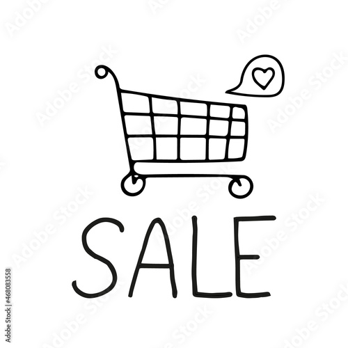 shopping cart, heart and text sale hand drawn doodle. vector, minimalism, scandinavian, monochrome, nordic, sketch. banner, card, flyer, poster