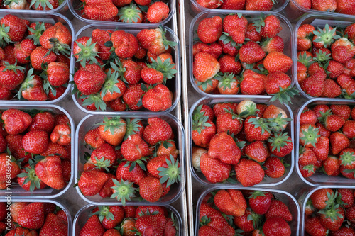 Plastic containers full of delicious juicy red strawberries in a greengrocer s shop